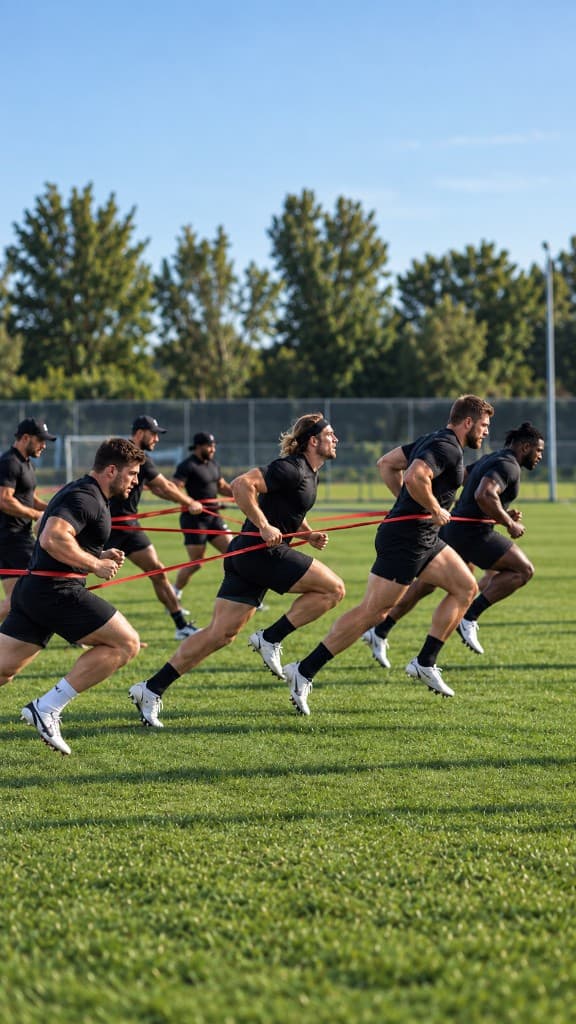 Athletes performing resisted sprints with resistance bands on a grass field