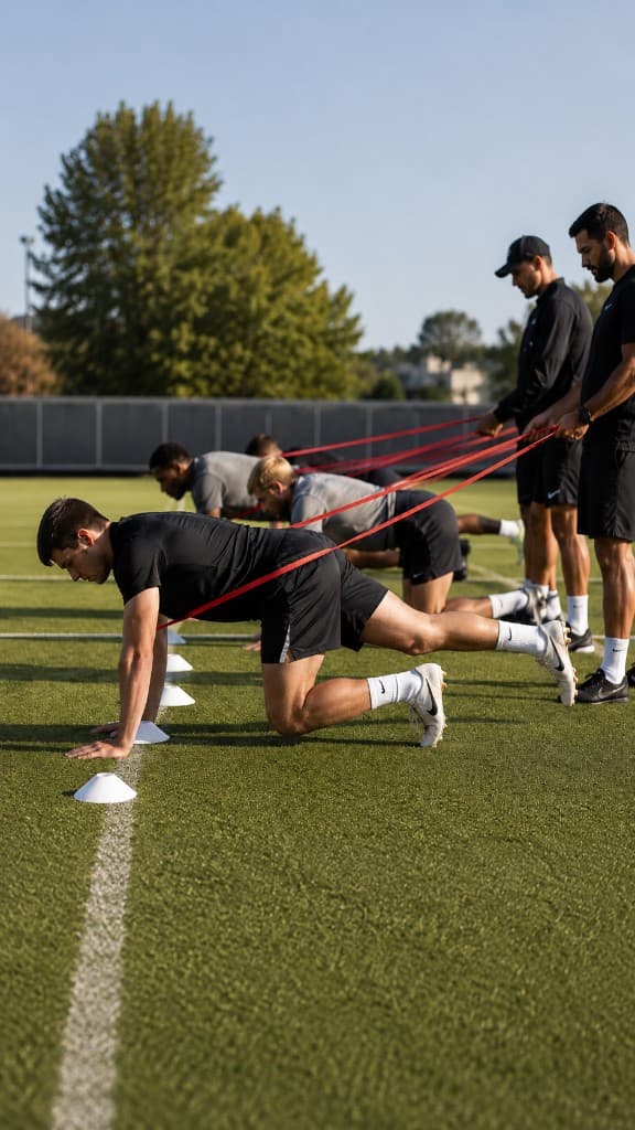 Squad training with resistance bands on an outdoor turf field