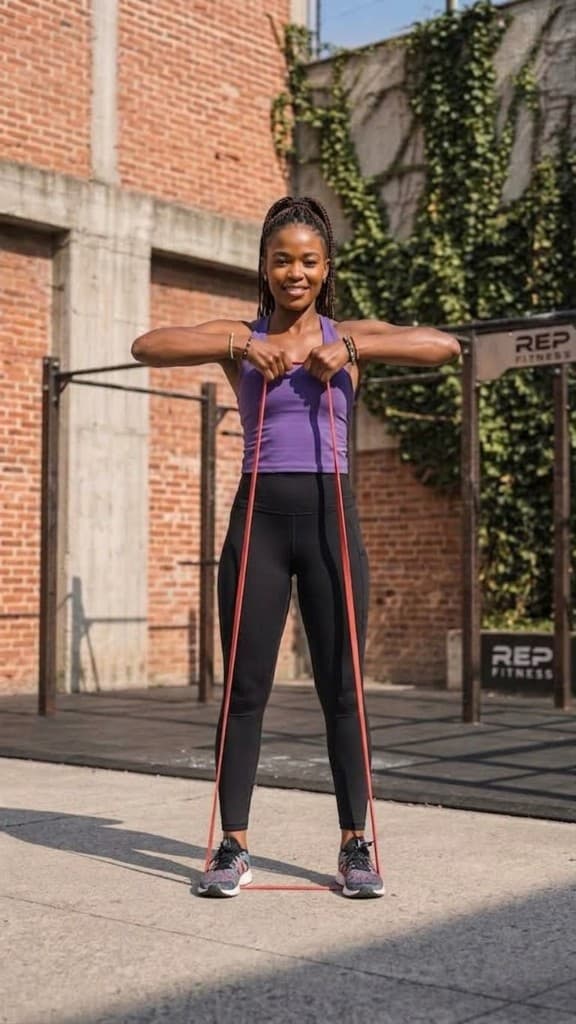 Athlete performing an upright row with a resistance band outdoors